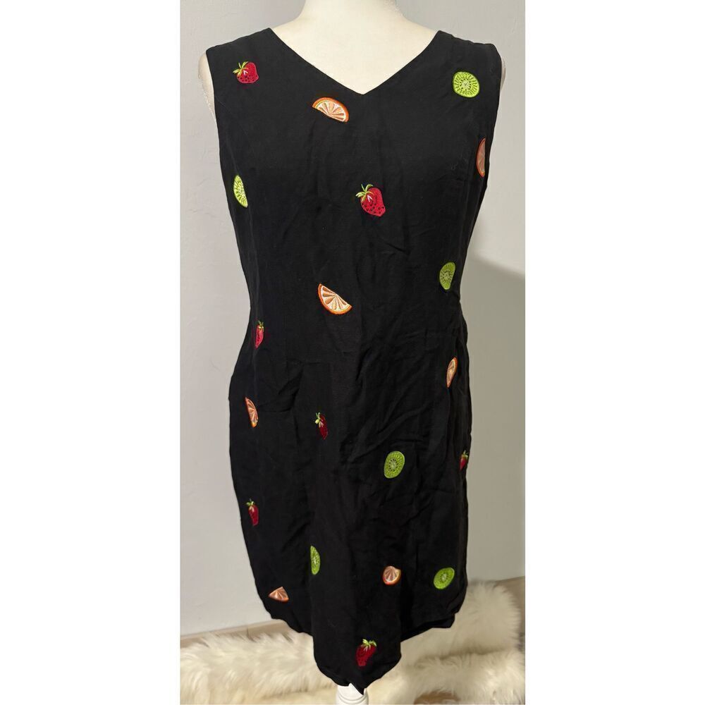 Jillian Jones black dress fruit embroidered print 8 linen blend very nice